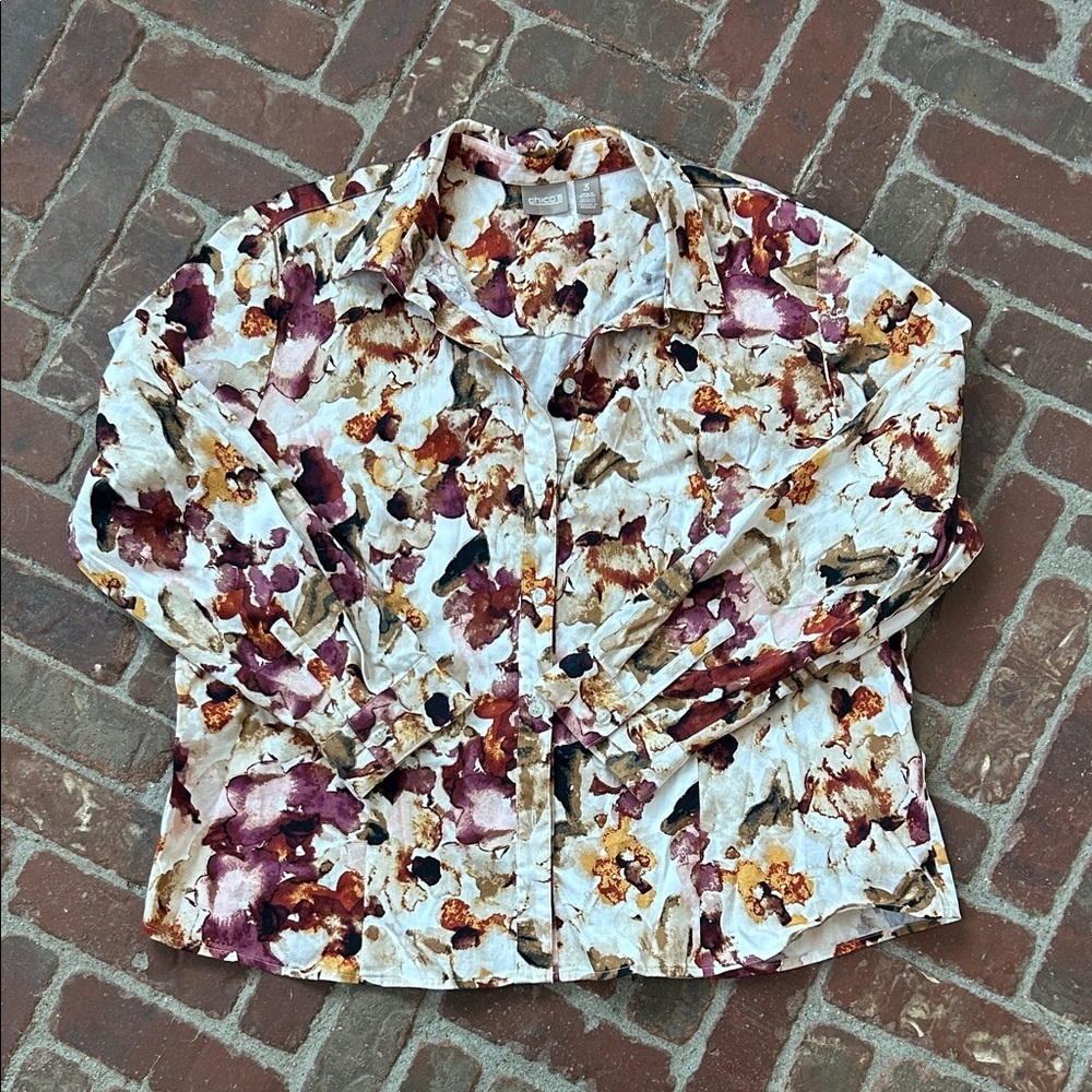 Chico’s Floral Earth Tones Button Down Blouse Top
